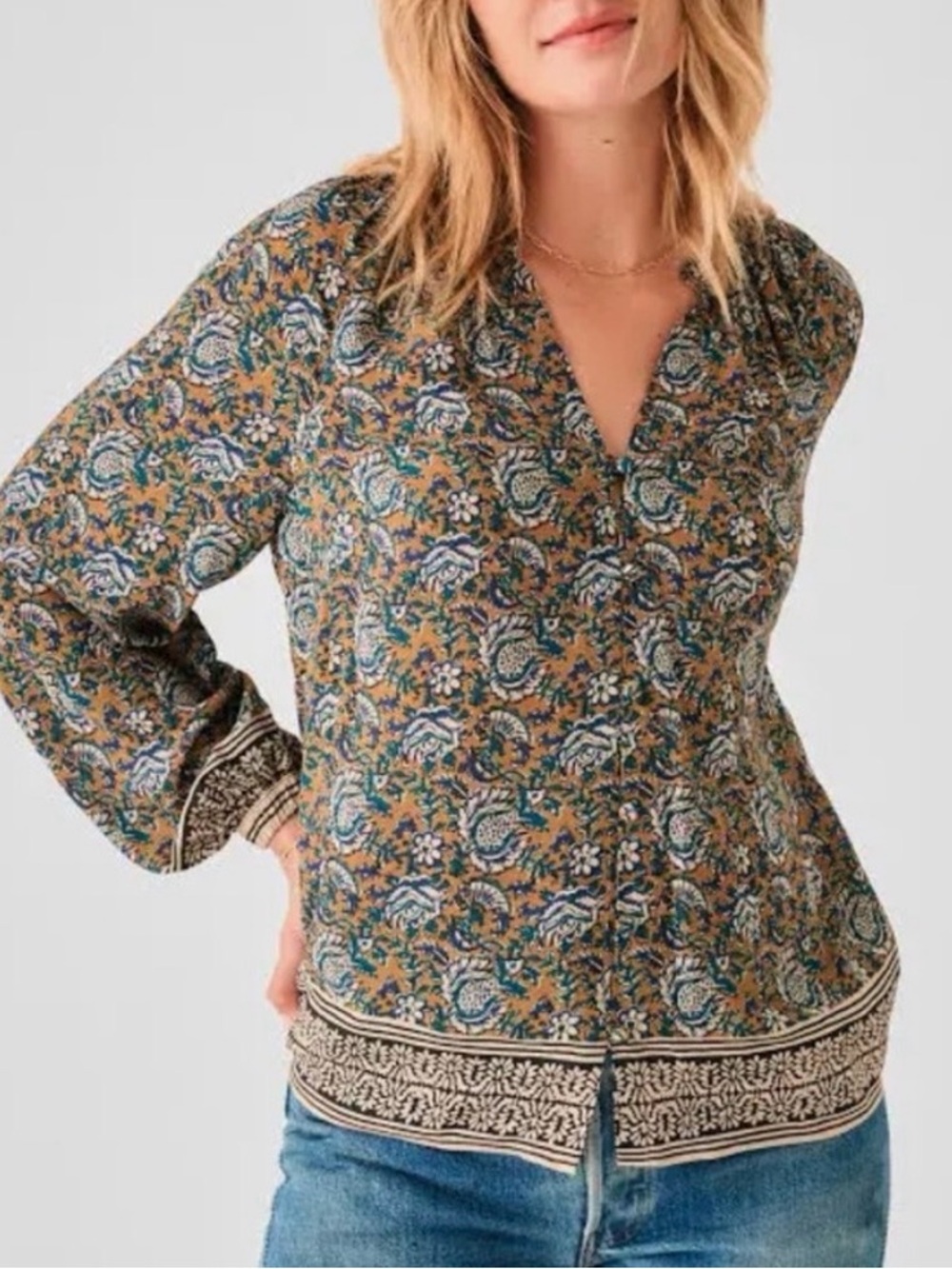 Faherty Fairfield Border Naomi Blouse Top Size Small Gold Teal Block Print Boho